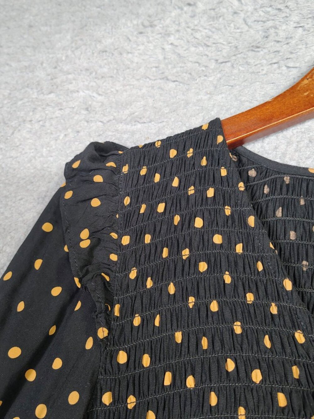 Madewell Mini Dress Women Medium Black Oval Dot Smocked Lucie V-Neck Puff Sleeve - Picture 6 of 11